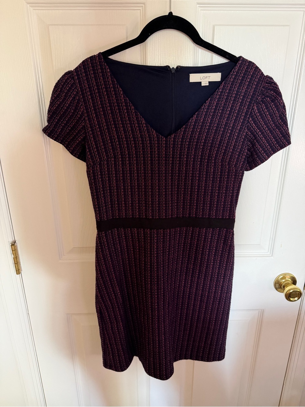 LOFT Navy Textured V-Neck Fit & Flare Mini Dress